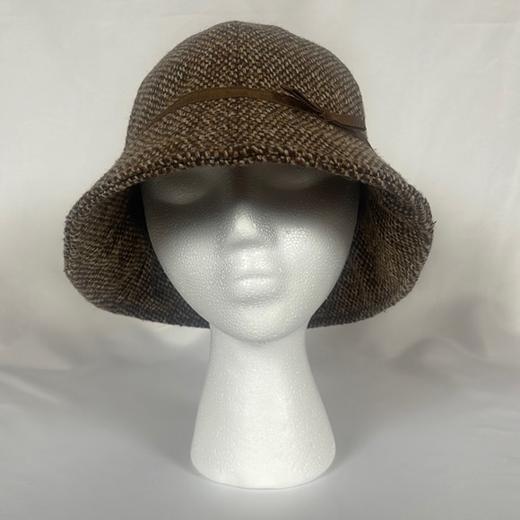 Brown Tweed Cloche Wool Panel Bucket Hat Ribbon Bow Trim Heathered Lined Women’s - Picture 1 of 15